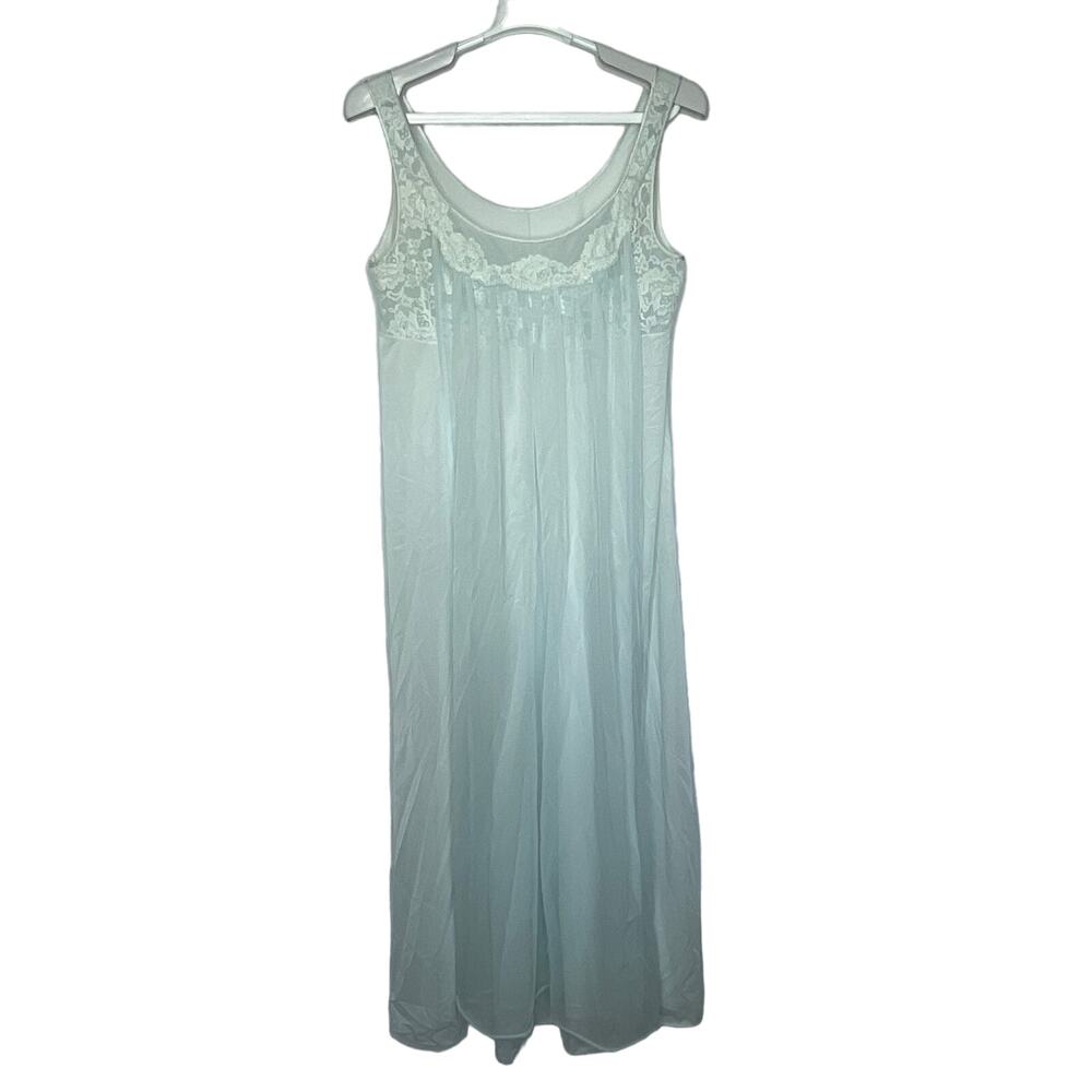 Pale Aqua Blue Long Sheer Nylon Lace Nightgown Full Apron Sleeveless Size Large
